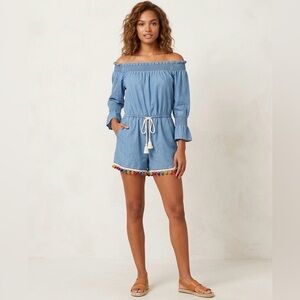 Saks Fifth Avenue Blue Chambray Denim Rainbow Pom Pom Romper, Size XS